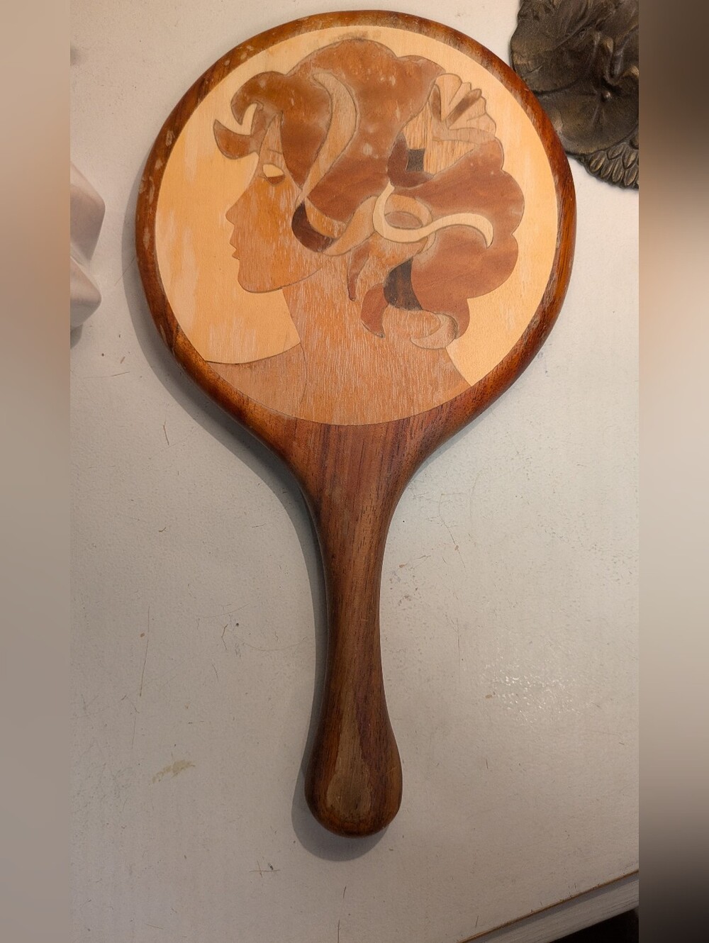 Vintage Art Nouveau Wood Marquetry Hand Mirror - Handheld Wood Inlay Mirror